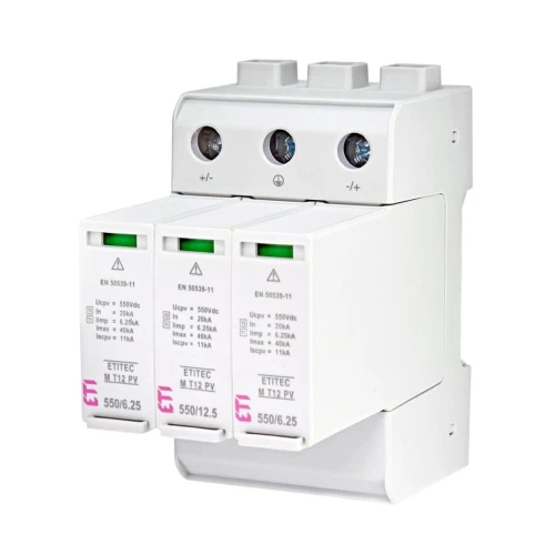 Túlfeszültség levezető PV DC Típus 1+2 (B+C) 1100V 3P 20kA 3,8kV ETITEC M 1100/12,5 Y 002440511 ETI GPV-401-38