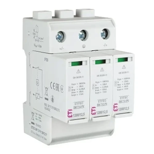 Túlfeszültség levezető PV DC Típus 1+2 (B+C) 1200V 3P 12,5kA 4,4kV ETITEC SM T12 PV 1200/12,5 Y 002440630 ETI GPV-401-50