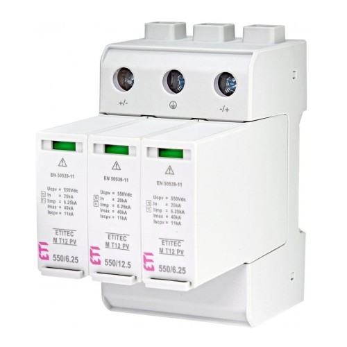 Túlfeszültség levezető PV DC típus 1+2 (B+C) 1100V 3P 65kA 3,8kV ETITEC EM T12 PV 1100/6,25 Y 002440580 ETI GPV-401-64
