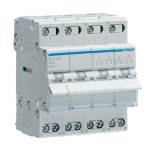 Moduláris telepítő kapcsoló I-0-II (1-0-2) közös pont fentről 4P 40A 400VAC SFT440 HAGER