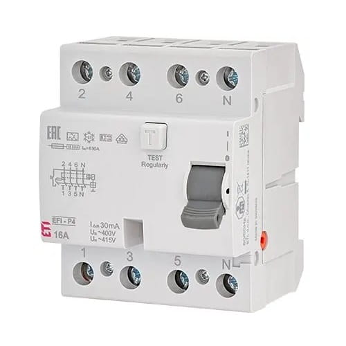 Fennmaradó áramú megszakító 4P 40A 30mA AC típus EFI6-P4 AC 40/0.03 002061652 ETI GPV-401-73