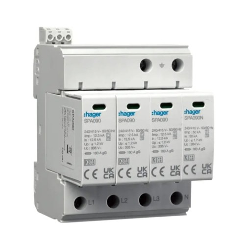 Túlfeszültség levezető Típus 1+2 (B+C) 4P 50kA 1,2kV SPD MOV hálózat TN-S/TT érintkező SPA931 HAGER GPV-401-101