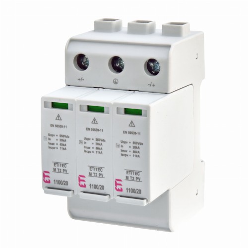Túlfeszültség levezető PV DC 2. típus (C) 1100V 3P 20kA 3,8kV ETITEC M T2 PV 1100/20 Y 002440515 ETI GPV-401-135