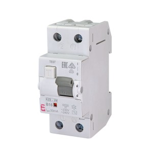 ETI maradóáramú kapcsoló túláramkomponenssel B 16A 1P+N 30mA AC típusú 16A 1P+N 30mA AC típus